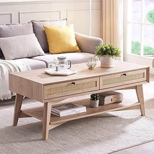 OKD Coffee Table for Living Room, Mid Century Modern Storage Center Table with Natural Rattan Dou... | Amazon (US)