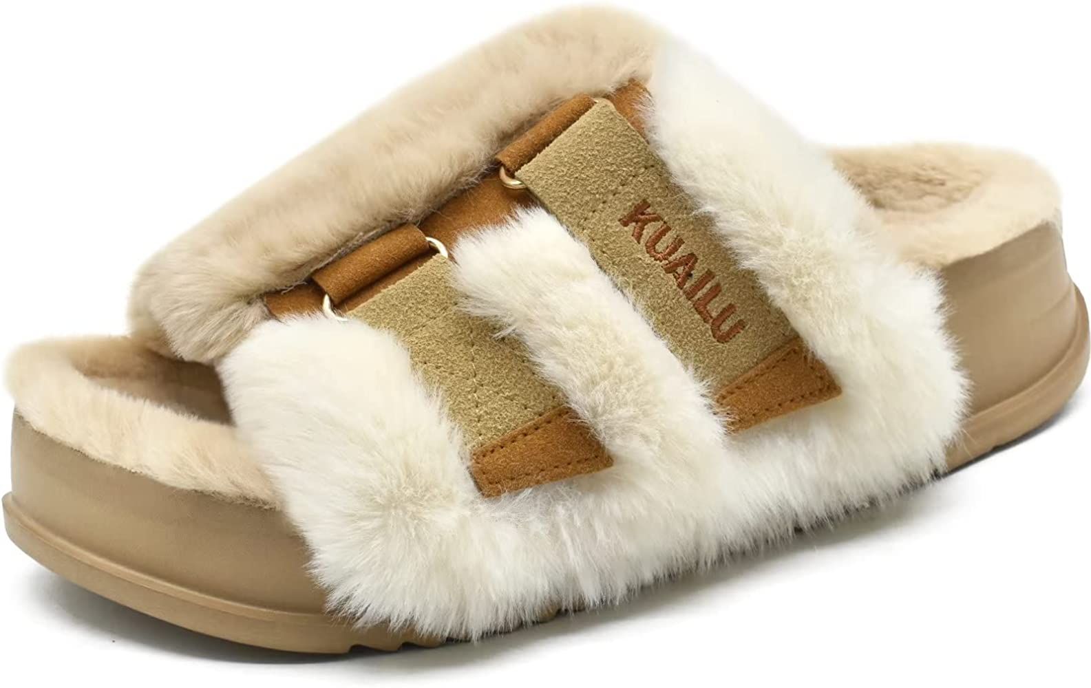 KUAILU Womens Fuzzy Platform Open Toe Slipper with Arch Support Fluffy Furry Slides Orthotic Faux... | Amazon (US)