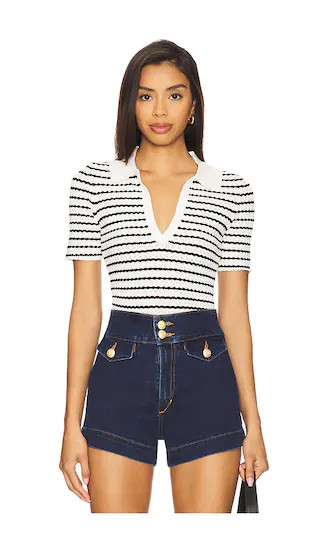 Jess Pointelle Polo Shirt in Milk & Black Stripe | Revolve Clothing (Global)