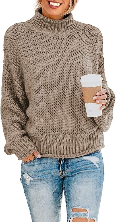 Women's Turtleneck Sweaters Long Batwing Sleeve Oversized Chunky Knitted Pullover Tops | Amazon (US)