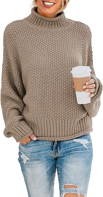 Women's Turtleneck Sweaters Long Batwing Sleeve Oversized Chunky Knitted Pullover Tops | Amazon (US)