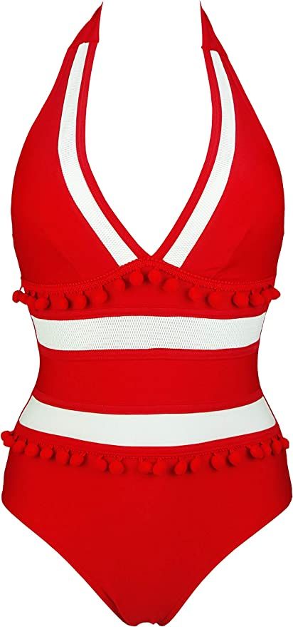 COCOSHIP Women's Plunging Neck Striped Mesh One Piece Backless Bather Swimsuit Pom Pom Tassel Swi... | Amazon (US)