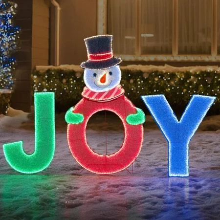 Sunjoy 48 Inch Christmas Lighted Joyous Snowman, 2D Tinsel Santa Joy Display Set Outdoor Garden Yard Lawn Festive Holiday Decoration with Lights for Indoor & Outdoor | Walmart (US)