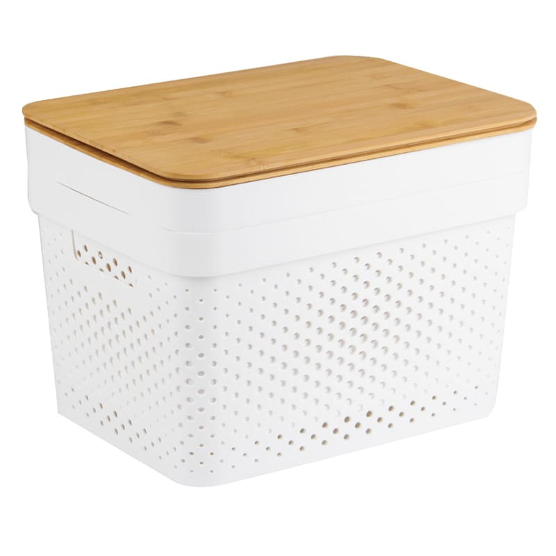 2-Pack White Plastic Storage Bin with Bamboo Lid, Large | At Home