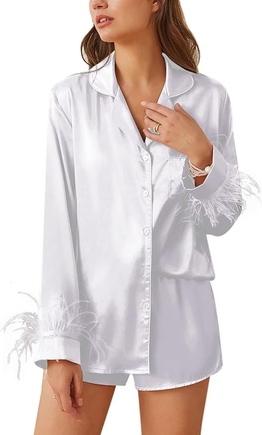 Ekouaer Women's Bridal Feather Trim Silk Satin Pajama Set Long Sleeve Lounge Sets Sleepwear (Remo... | Amazon (US)