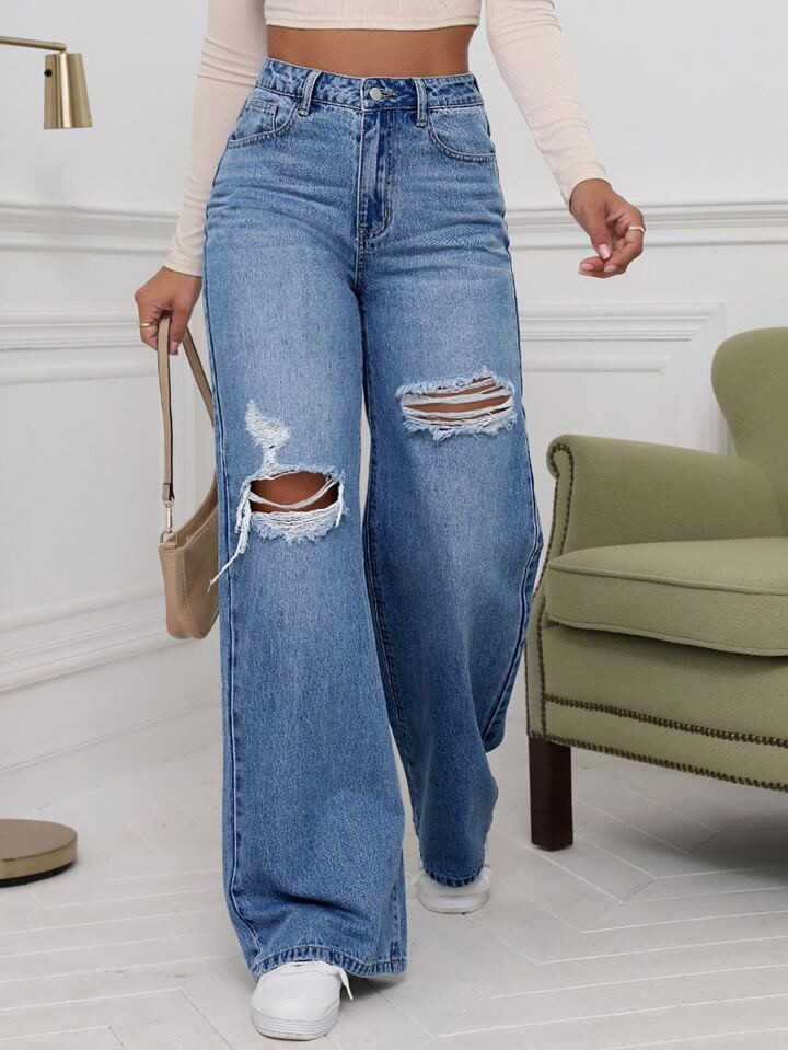 SHEIN EZwear High Waist Ripped Wide Leg Jeans | SHEIN