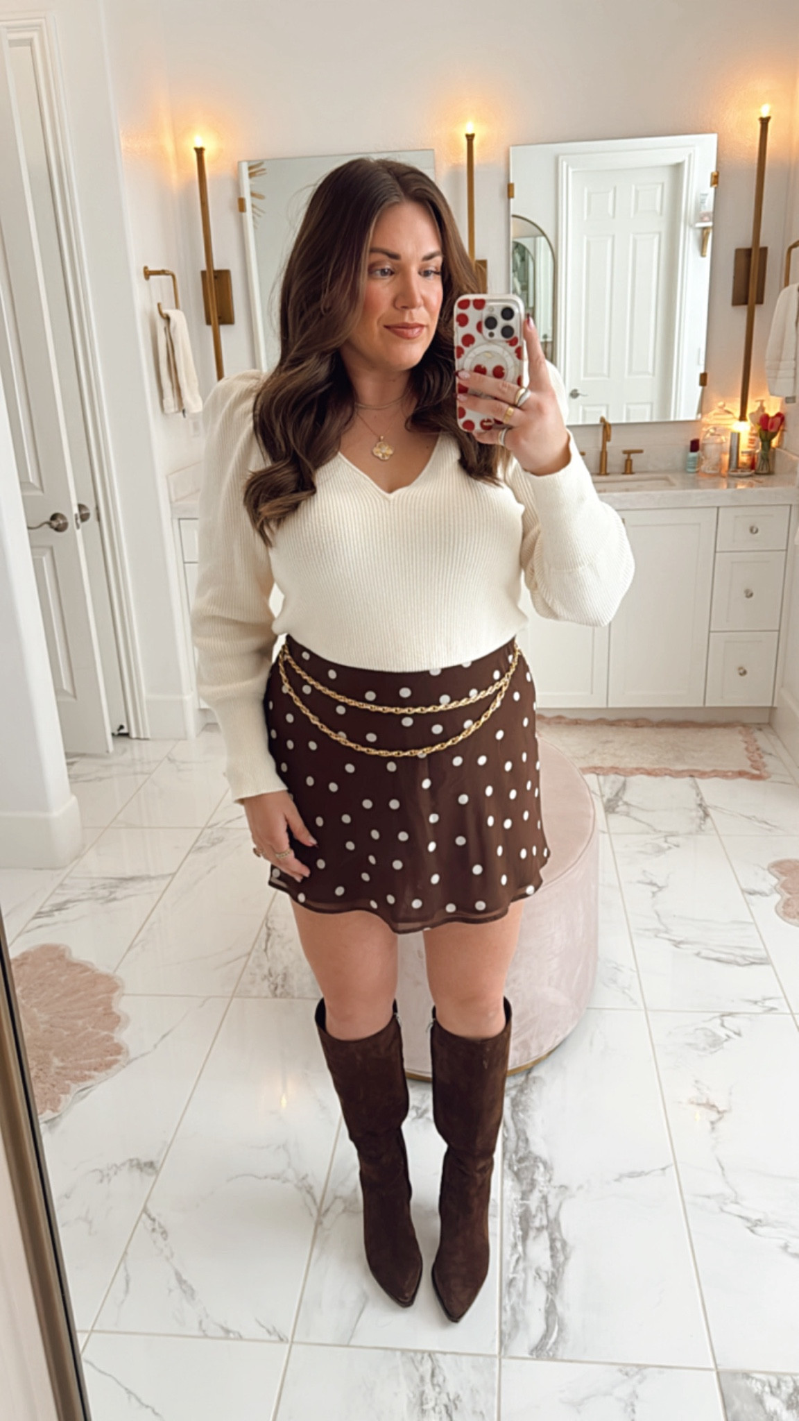 curvy Friendsgiving thanksgiving out! sweater is old, linking similar. wearing size large in brown polka dot skort 🤎 

#LTKHoliday #LTKSeasonal #LTKMidsize
