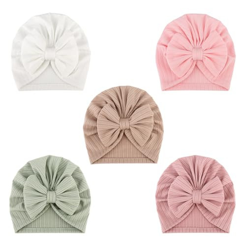DRESHOW BQUBO 5 Pieces Soft Newborn Baby Turban Nursery Hospital Bow Hats Baby Infant Beanie Toddler Cap for Baby Girls | Amazon (US)