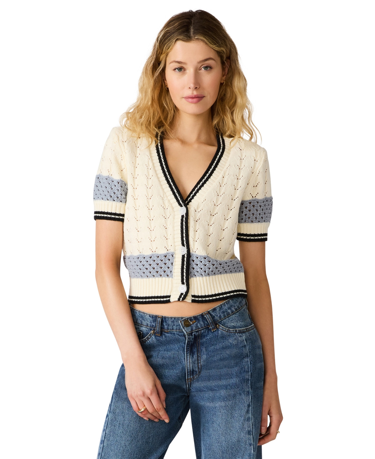 Steve Madden Women's Fiona V-Neck Cardigan - Eggshell/Blue | Macy's