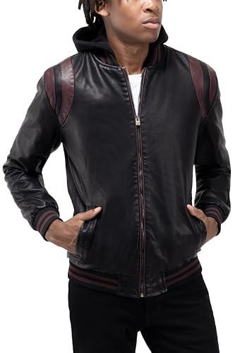 X RAY Mens Faux Leather Jacket with Hood, Grainy PU Leather Jacket for Men W/Faux Shearing Lining, Black/Burgundy, Large | Amazon (US)