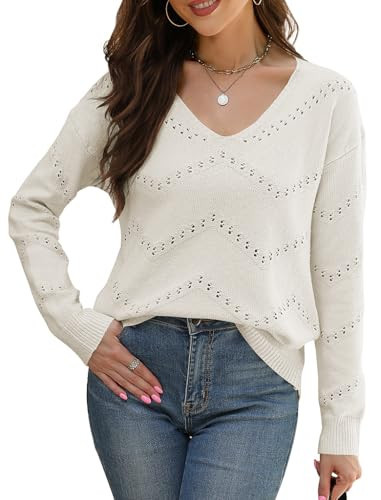 Women's Crochet Sweater Tops V Neck Sexy Sweaters for Women 2024 Loose Cream Sweater White XXL | Amazon (US)