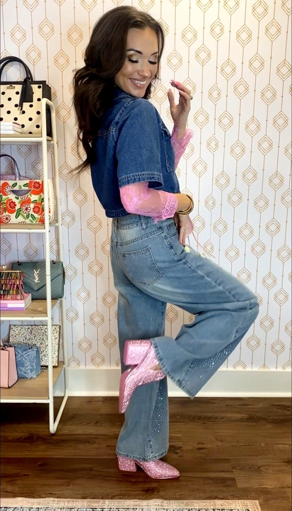 Here for a denim on denim moment, especially trying out these new jeans! The fit is amazing. 🤩 Paired with a few pink favorites. Rounding up a few budget options for my sparkly boots, plus all the colors for my mini bag & top! 

- denim on denim 
- sparkly jeans 
- pink boots
- lace top 
- western wear 




#LTKSeasonal #LTKootd #LTKFestival
