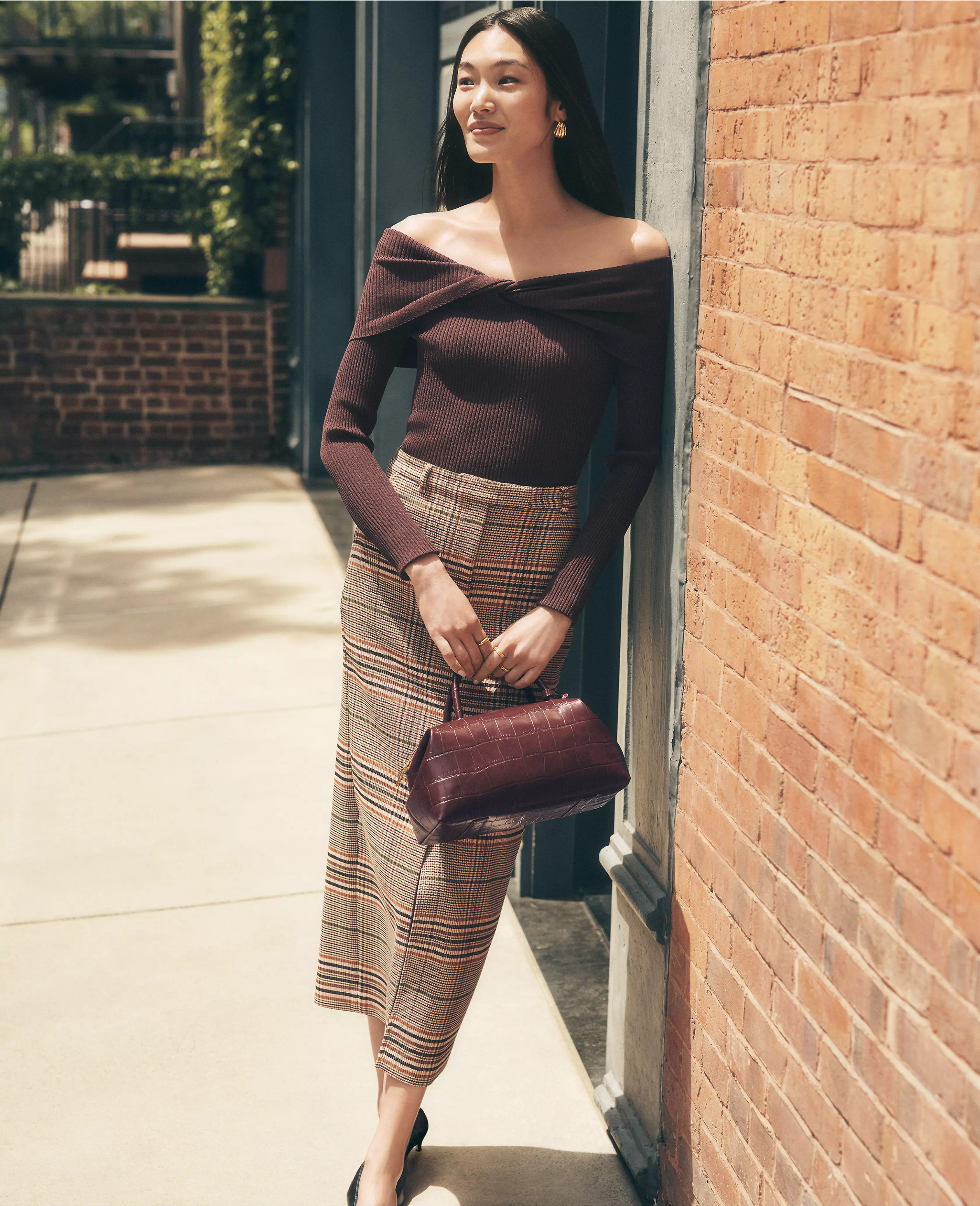 The Petite Trouser Column Midi Skirt in Plaid | Ann Taylor