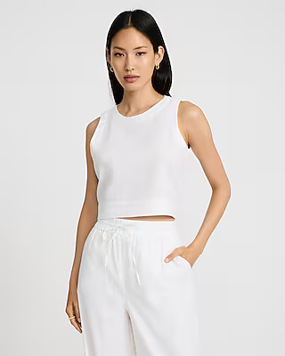 Linen-blend Crew Neck Button Back Tank | Express