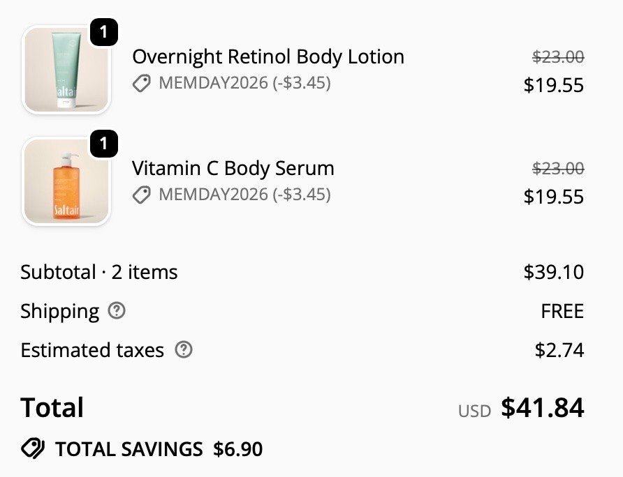 Just ordered the Overnight Retinol Body Lotion and the Vitamin c body serum from Salt Air! They are having 15% off site wide for their Memorial Day sale!

#LTKSaleAlert #LTKSeasonal #LTKselfcare