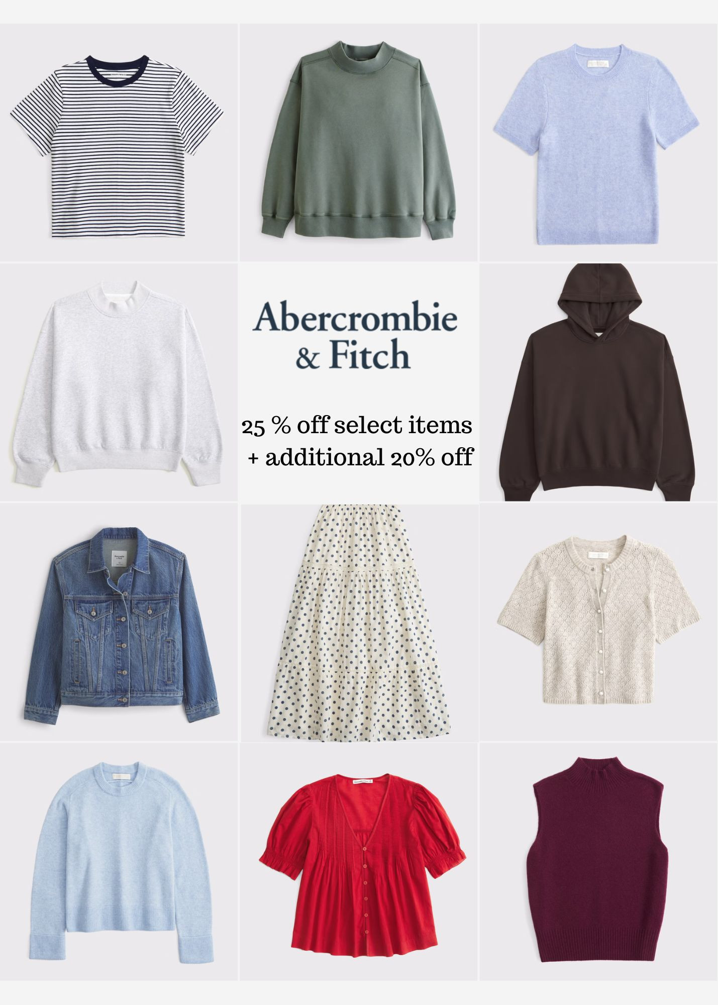  @abercrombie 
Last Day! 
25% off select items + additional 20% off in app! 

#LTKSaleAlert