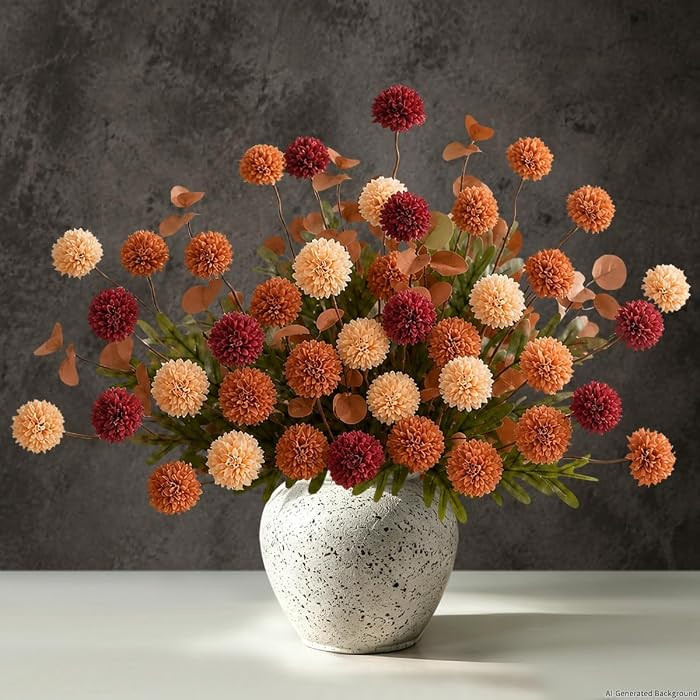12Pcs Faux Silk Mums Artificial Fall Flowers Bulk with Eucalyptus Stems | Amazon (US)