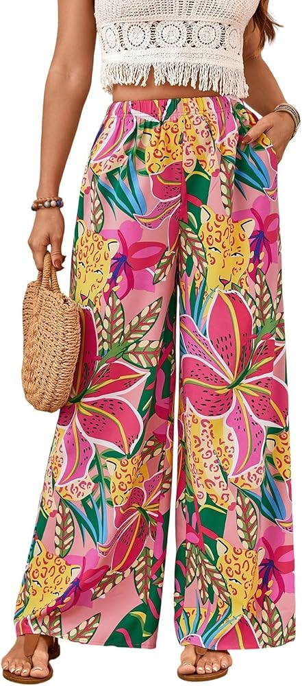 Verdusa Women's Hawaiian Tropical Beach Palazzo Pants Flowy Boho Summer Wide Leg Trousers | Amazon (US)