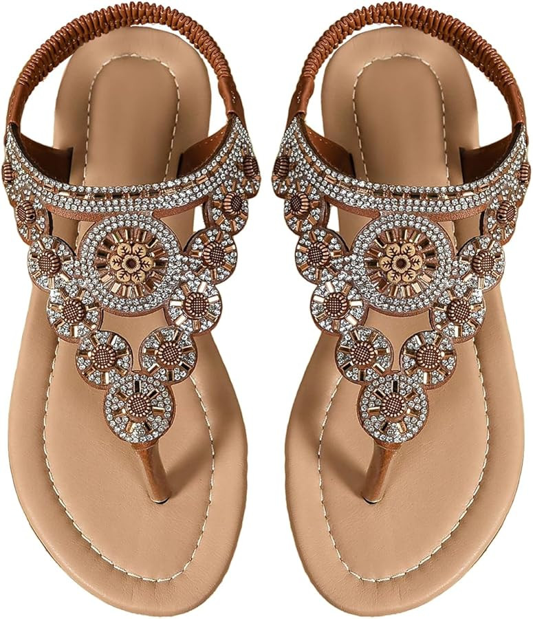 GORGLITTER Women's Rhinestone Boho Summer Western Sandals Glitter Thong Flip Flops Trendy 2025 T-... | Amazon (US)