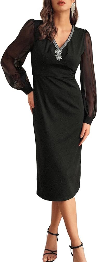 GRACE KARIN Women's Mesh Long Sleeve Midi Bodycon Dress Elegant V Neck Business Party Dresses | Amazon (US)