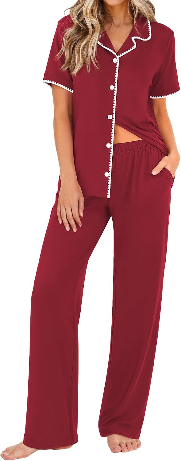 Ekouaer Womens Pajamas Set Button Down Loungewear Short Sleeve Pants Pjs | Amazon (US)