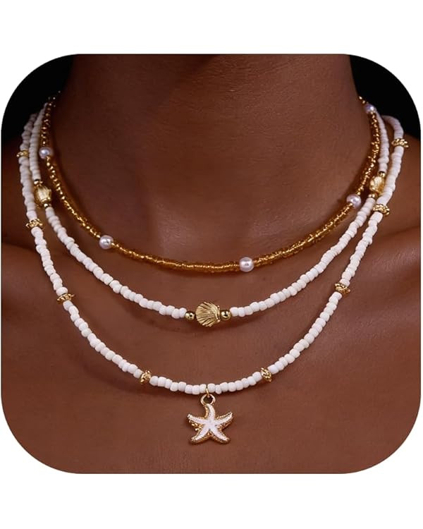 Shell Necklace for Women Gold Plated Charm Layered Dainty Boho Western Necklace Bead Starfish Pea... | Amazon (CA)