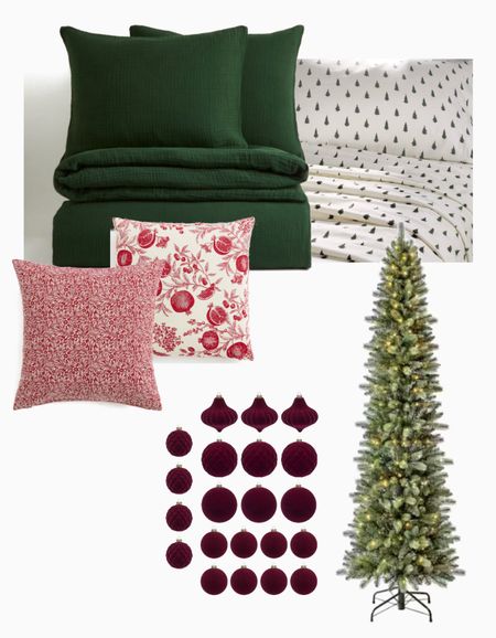Christmas bedding. Pencil slim artificial Christmas tree. Velvet burgundy ornaments. Christmas holiday cushions  

#LTKhome #LTKHolidaySale #LTKfindsunder50