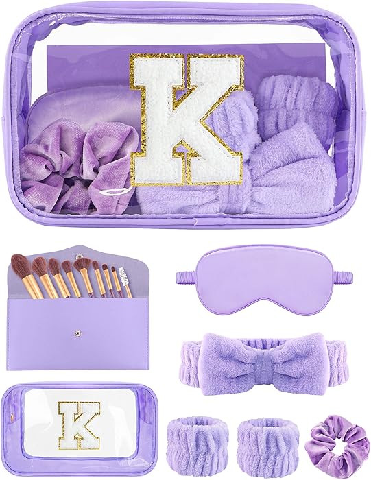 Gift Sets for Women, Initial Makeup Bag with Makeup Brush Set Bachelorette Party Favors, Purple S... | Amazon (US)