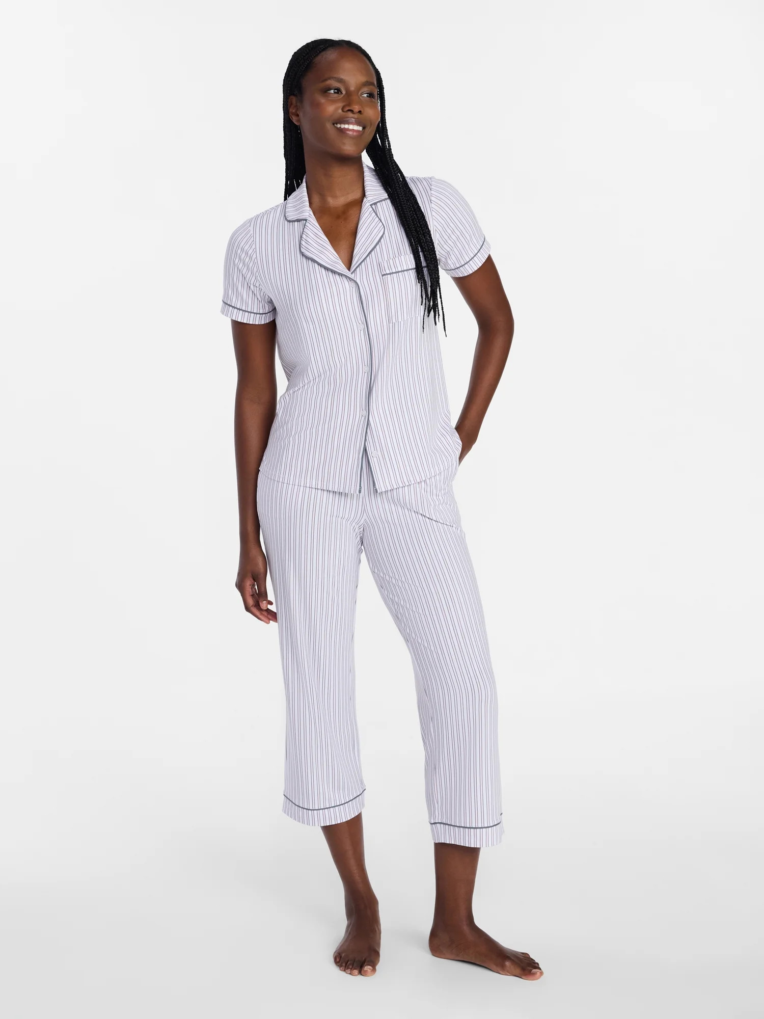 Joyspun Women's Dreamy Soft Collection Notch Knit Top and Capri Pants Pajama Set, 2-Piece, Sizes ... | Walmart (US)