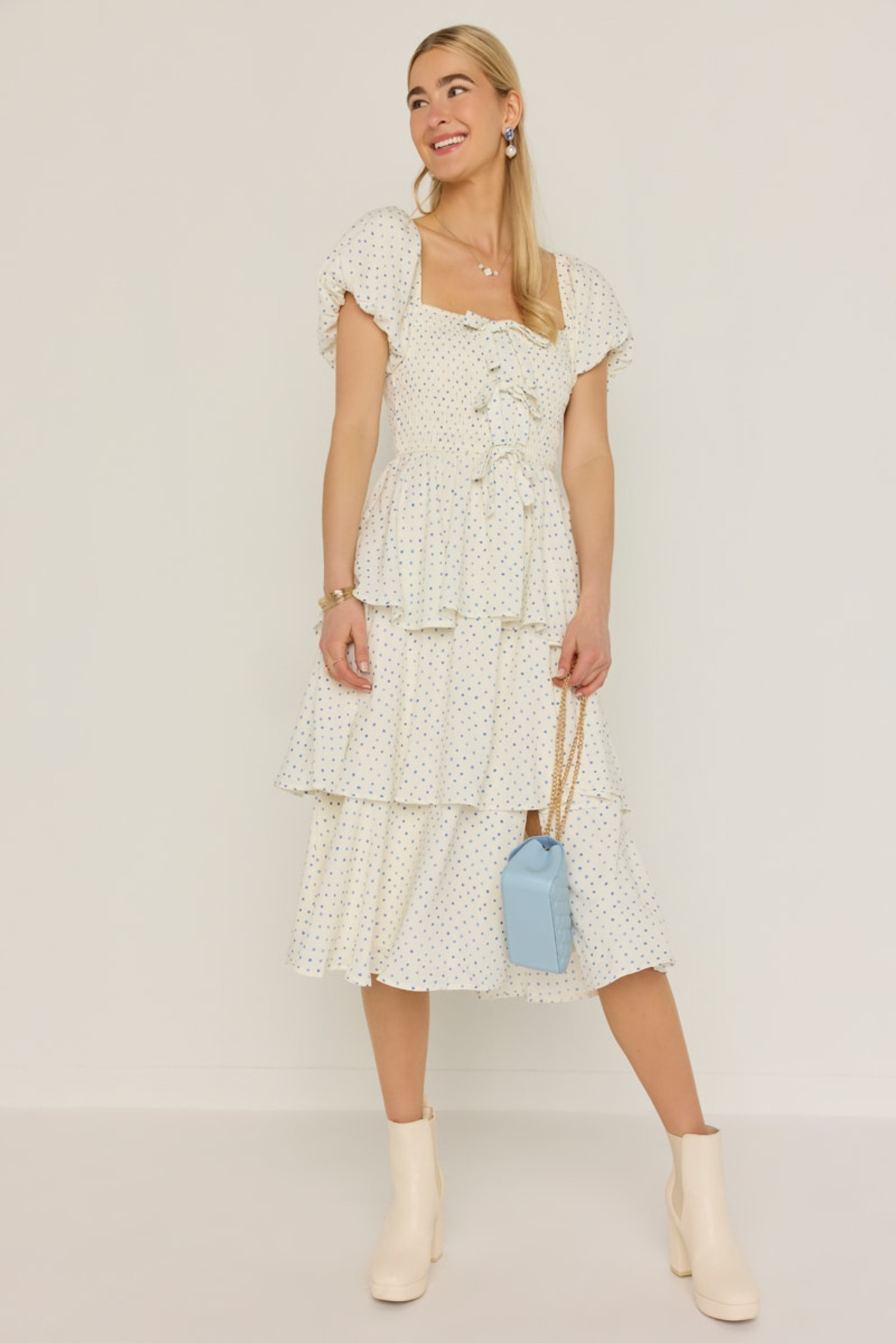 Sophie Bow Front Smock Tiered Midi Dress | Francesca's