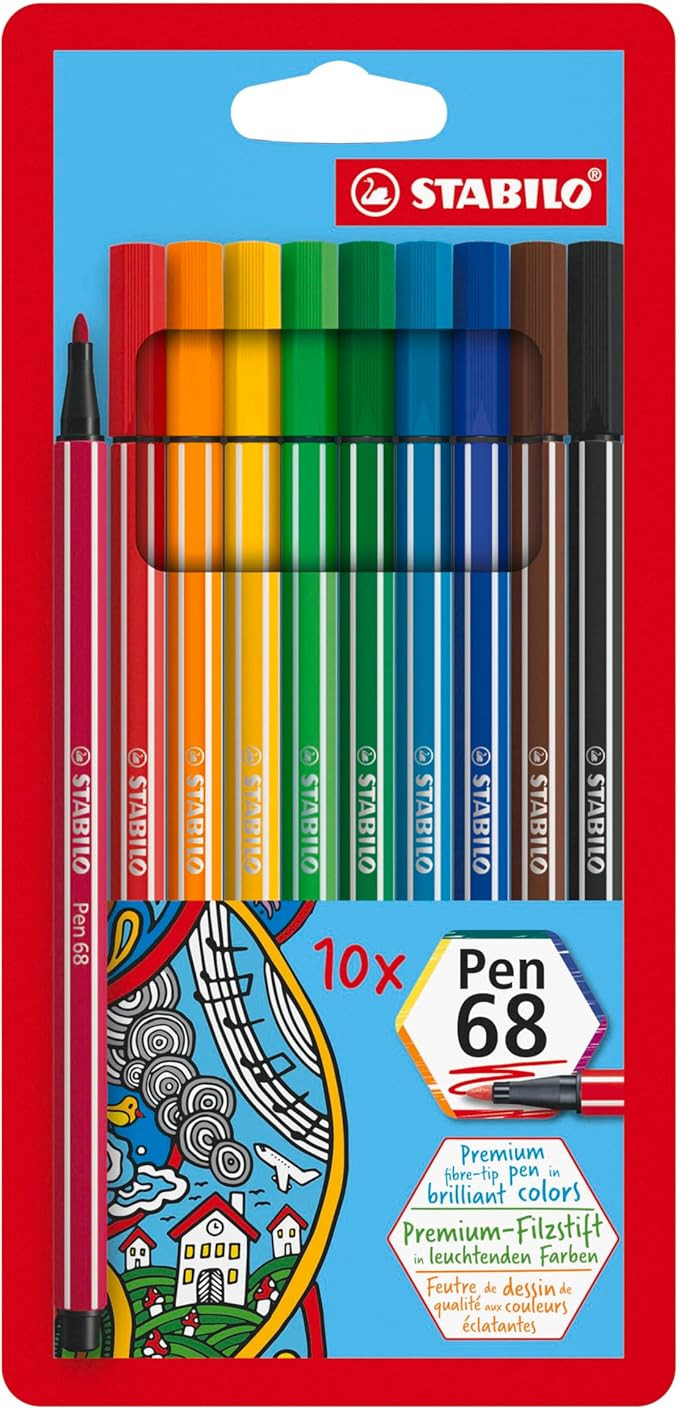 Premium Felt Tip Pen - STABILO Pen 68 - Wallet of 10 - Assorted colors | Amazon (US)