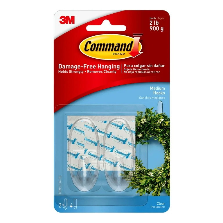 Command Medium Wall Hooks, Clear, Damage Free Hanging of Christmas Decorations, 2 Hooks | Walmart (US)