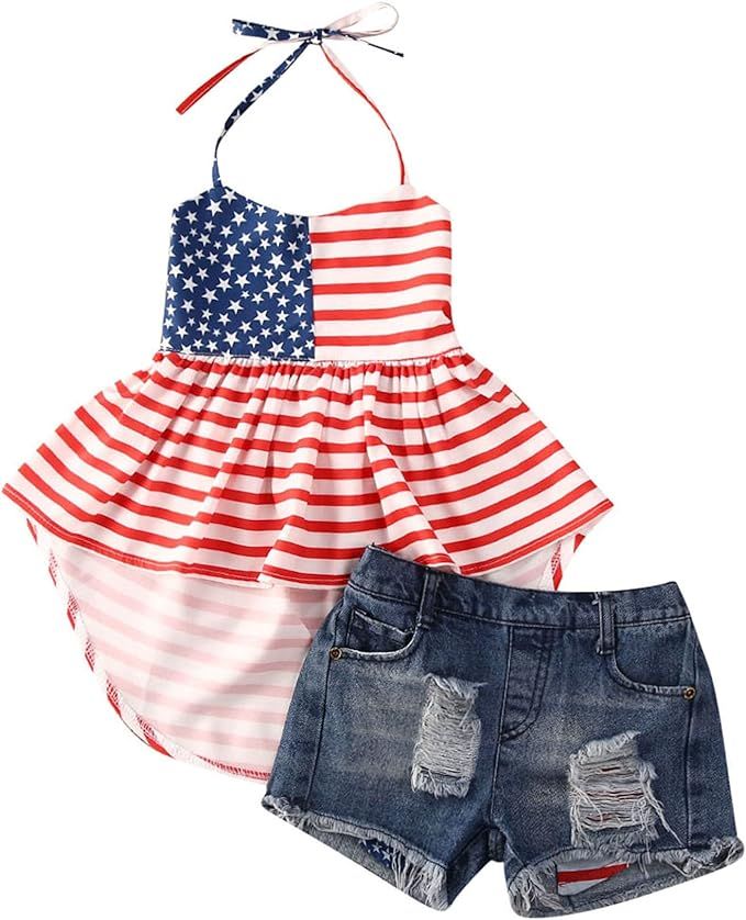 Noubeau 4th of July Toddler Girl Outfit American Flag Halter Top Girls Ripped Jeans Denim Shorts ... | Amazon (US)