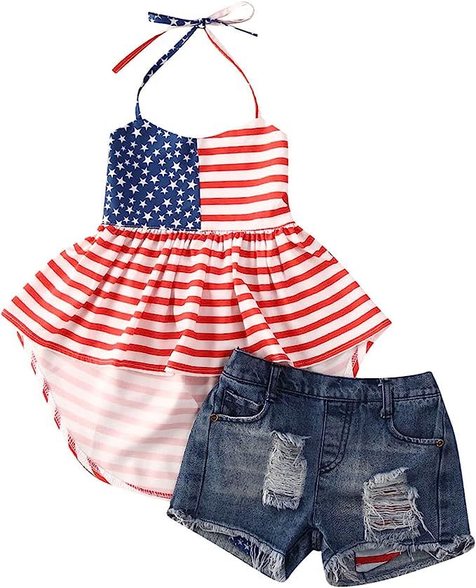 Noubeau 4th of July Toddler Girl Outfit American Flag Halter Top Girls Ripped Jeans Denim Shorts ... | Amazon (US)