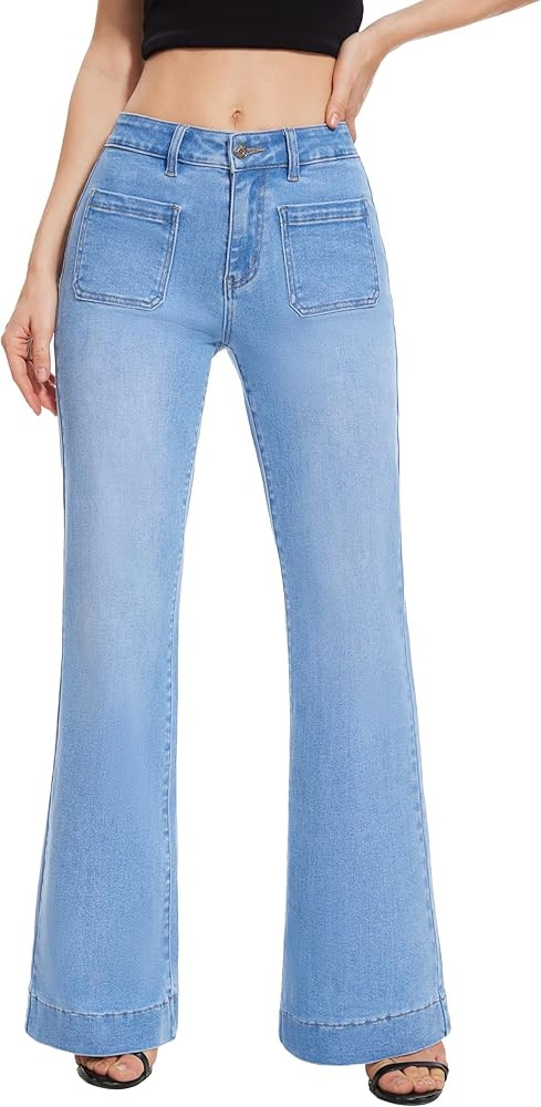 FLYING BANANA Women's Flare High Waisted Bell Bottom Wide Leg Jeans Baggy Stretch Trendy Denim wi... | Amazon (US)
