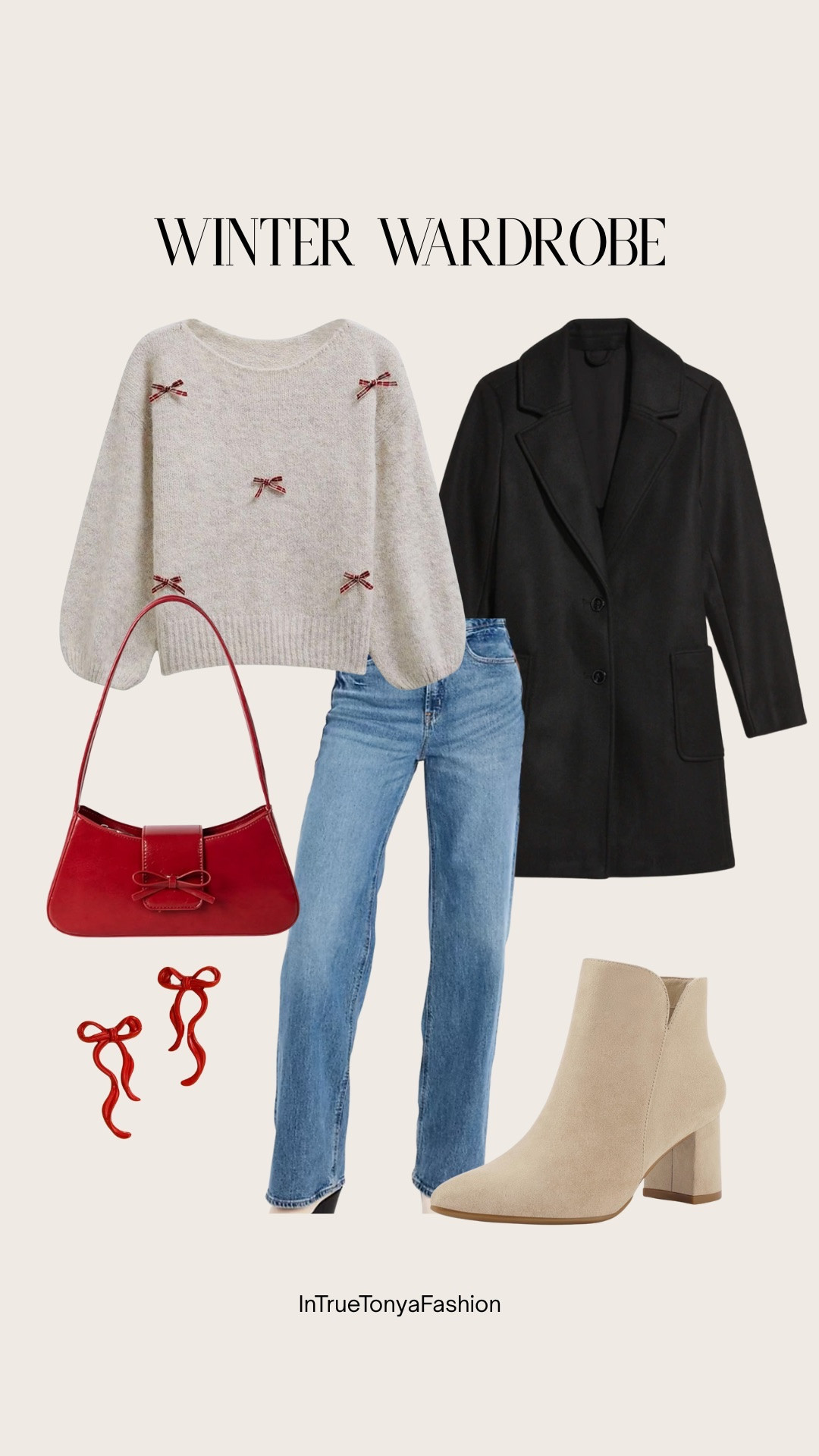 Winter wardrobe outfit idea — holiday bow sweater, jeans, beige boots, black peacoat, red purse and red bow earrings









Winter outfit
Winter fashion
Amazon winter outfits
Trending winter fashion 
 casual winter outfits | winter fashion | size 4-6 | cold weather outfits | winter outfit ideas | layering outfit for the cold| winter fashion 2025 | outfit inspo | outfit ideas | winter outfits amazon  | casual outfit Ideas  | Casual Outfits | Amazon Casual Outfit | Cute casual outfits | Preppy Outfit 

#LTKSaleAlert #LTKFindsUnder50 #LTKHoliday