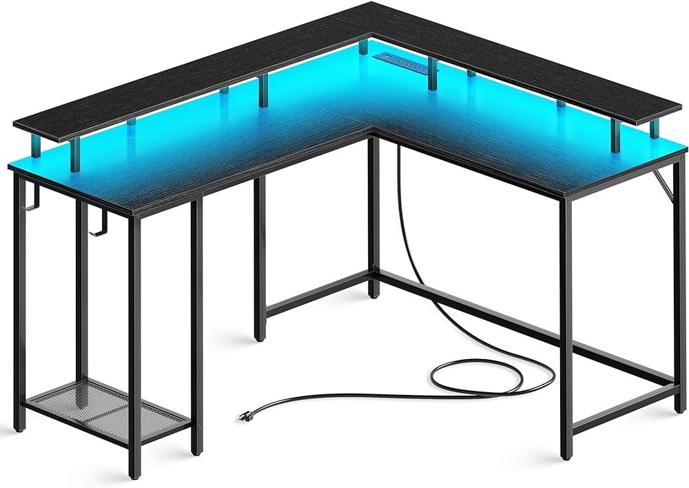 SUPERJARE L Shaped Gaming Desk with Power Outlets & LED Lights, Computer Desk with Monitor Stand ... | Amazon (US)