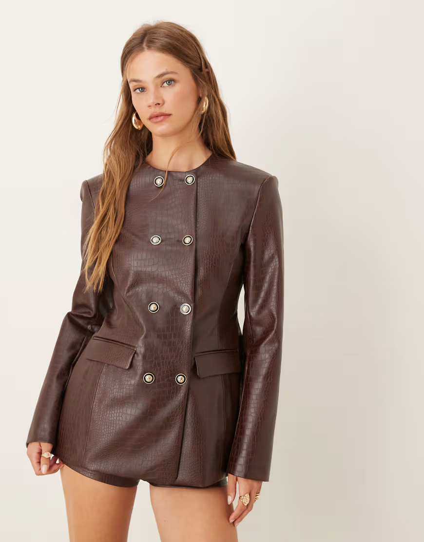 ASOS DESIGN high neck double breasted blazer in chocolate croc PU-Brown | ASOS (Global)