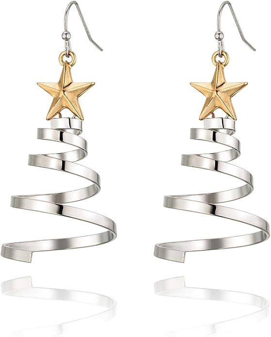 Handmade Christmas Tree Dangle Hoop Earrings Golden Silver Two Tone Women Girls Holiday Gift, Tha... | Amazon (US)