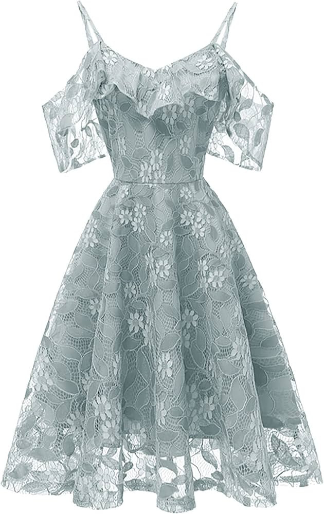 Women's Floral Lace Cold Shouder Dress Swing Prom Party Cocktail Dresses Ruffle Sleeve Casual Fal... | Amazon (US)