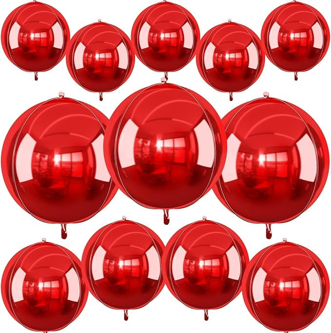 12Pcs Red Round Foil Balloons, 22" 15" 10" 4D Ball Balloons, Metallic Red Foil Balloon for Weddin... | Amazon (US)