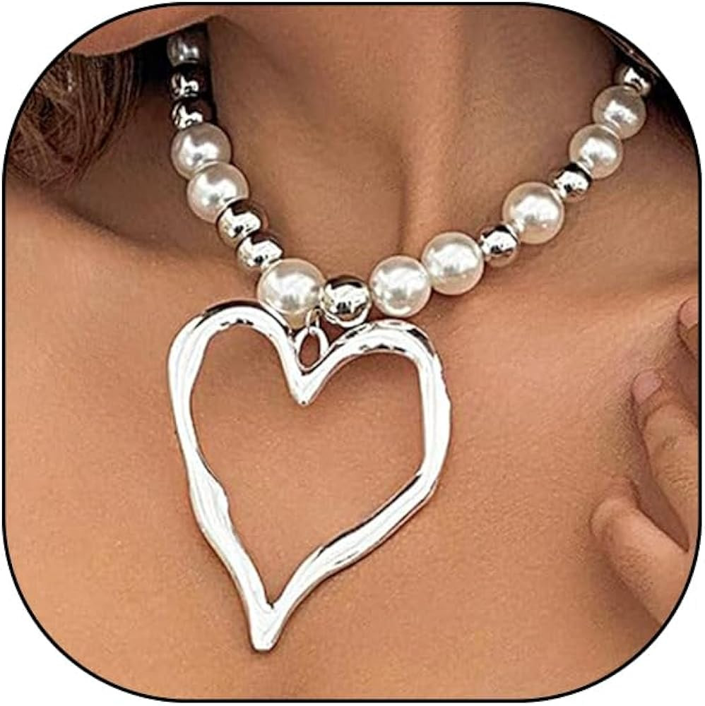 Chunky Pearl Heart Pendant Necklace for Women Teen Girls,Charming Hollow Love Pendant Big Bead Ch... | Amazon (US)