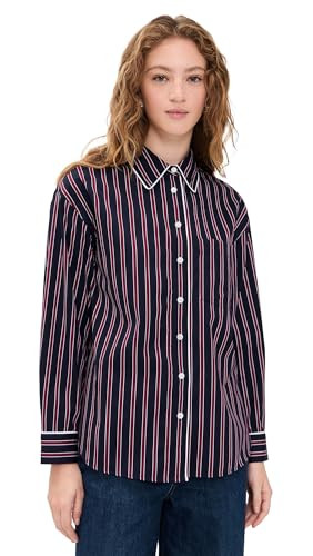 Madewell Women's Long Button Up Shirt in Stripe Poplin, Navy/Burgundy Stripe, XS | Amazon (US)