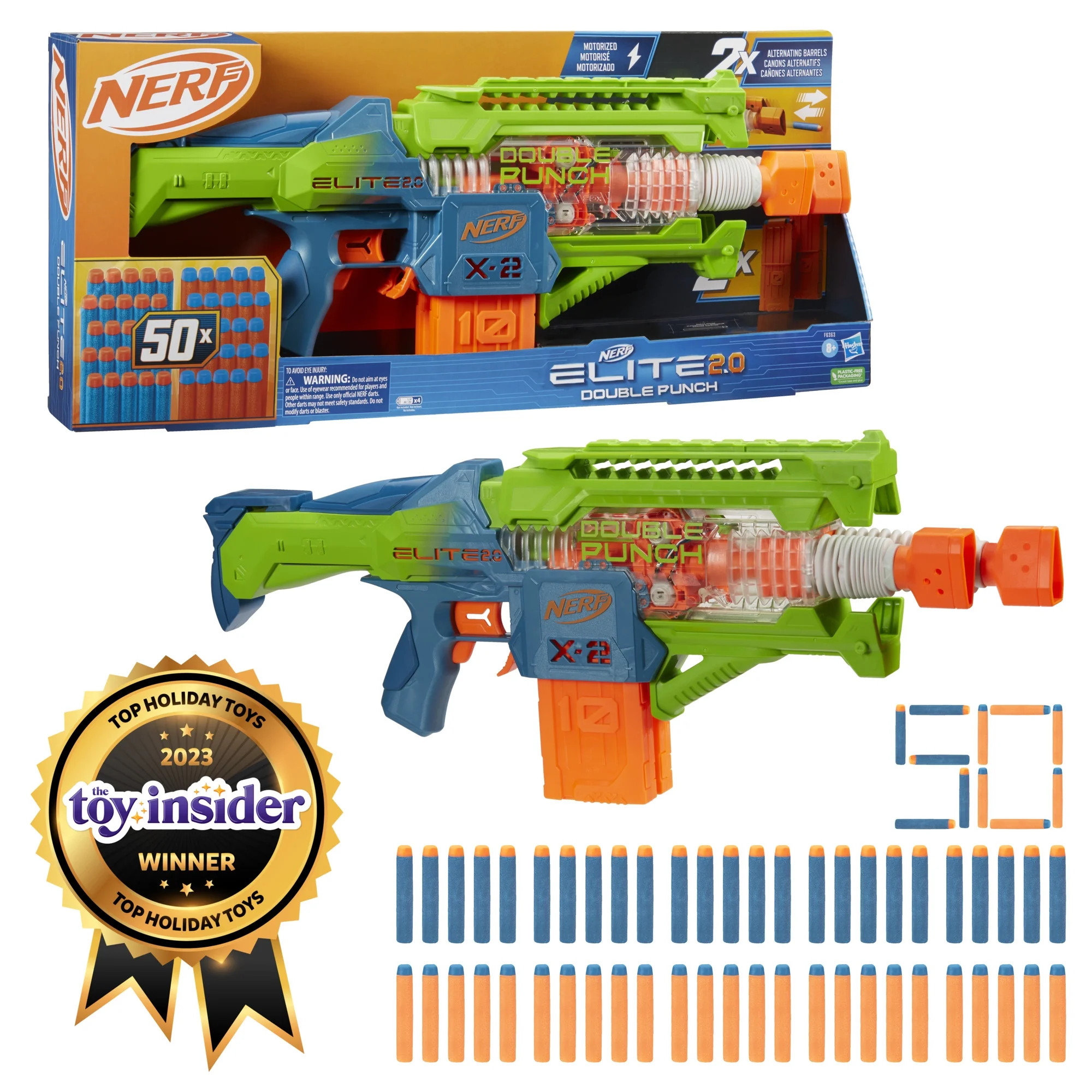 Nerf Elite 2.0 Double Punch Motorized Blaster, 50 Nerf Elite Darts, 2x 10-Dart Clips | Walmart (US)