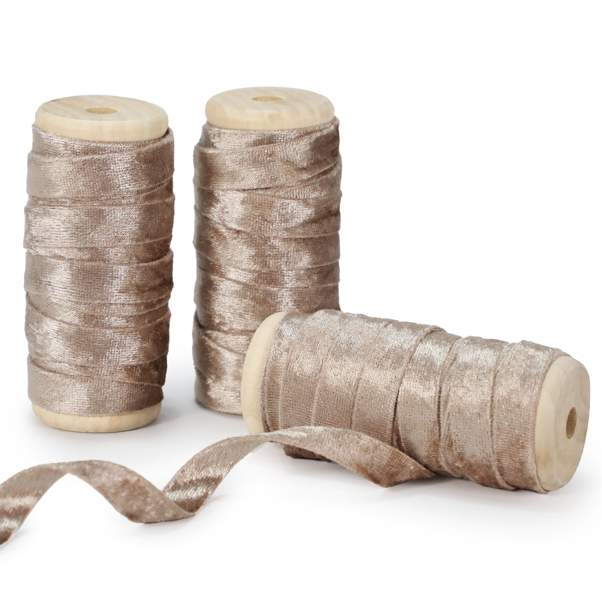 Velvet Champagne Ribbon Double-Sided Handmade Glossy Fabric Trim Wooden Spool Thin Ribbons for Ch... | Amazon (US)