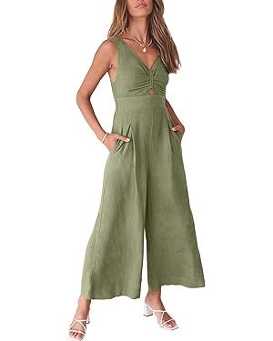 ANRABESS Women's Summer Wide Leg Linen Jumpsuits Dressy V Neck Sleeveless Casual Pants Rompers 20... | Amazon (US)