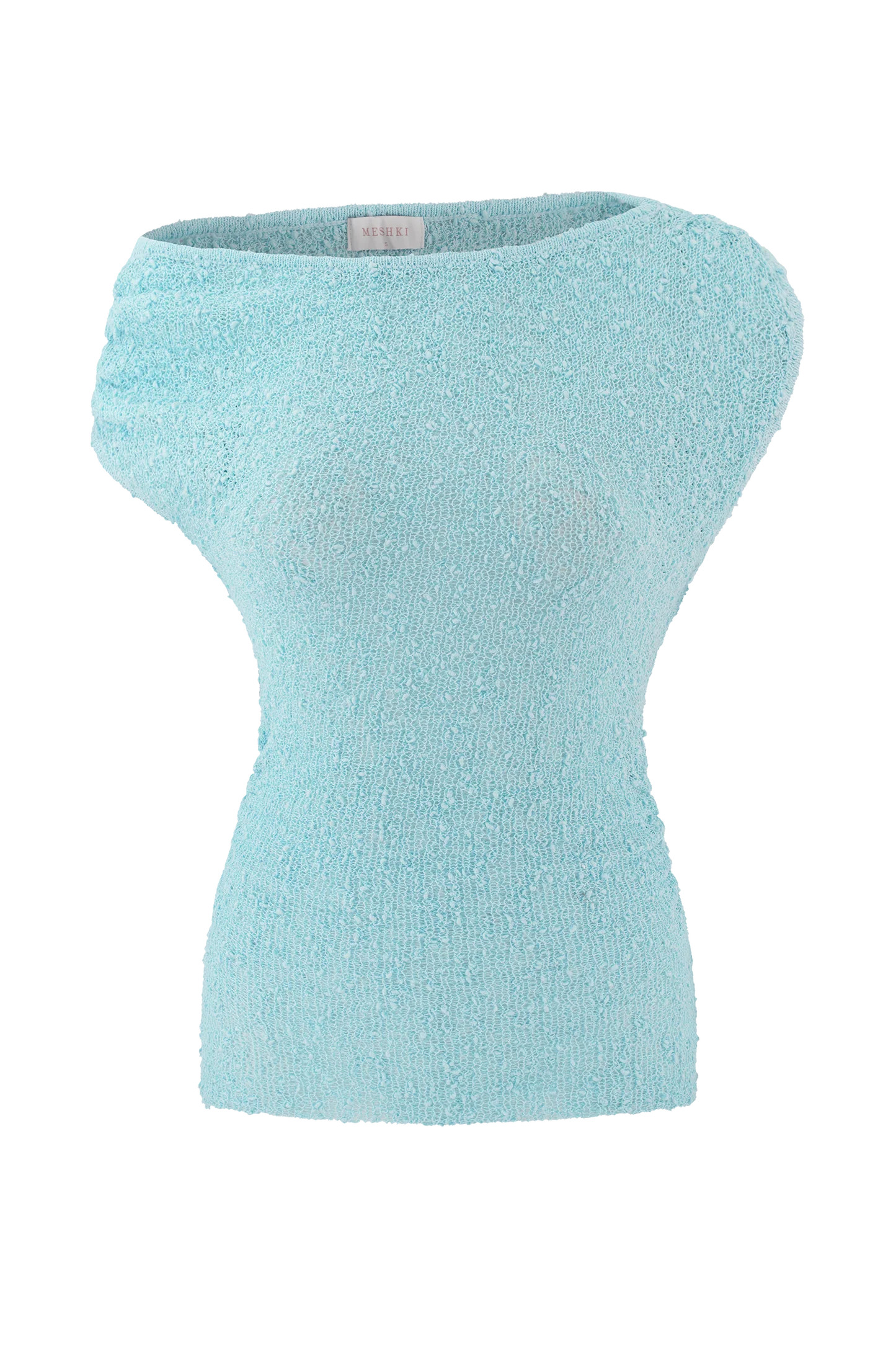 Off Shoulder Boucle Knit Top - Light Blue | MESHKI US