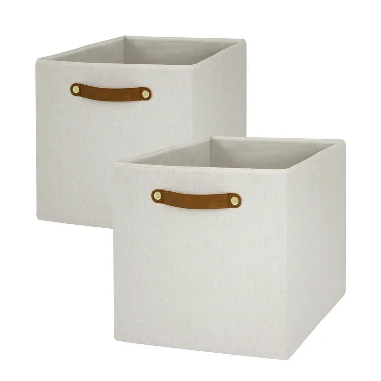 Better Homes & Gardens Fabric Cube Storage Bins (12.75" x 12.75"), 2 Pack, Vanilla with Leather H... | Walmart (US)