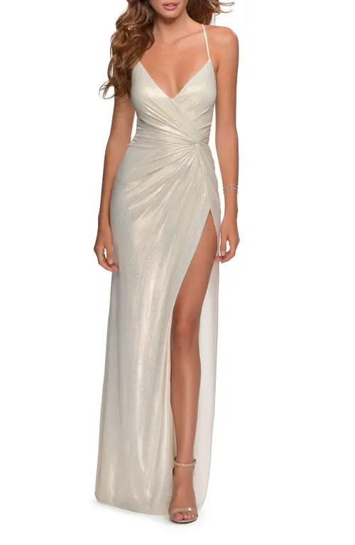 La Femme Long Metallic Jersey Prom Dress with Knot Detail in White/gold at Nordstrom, Size 2 | Nordstrom