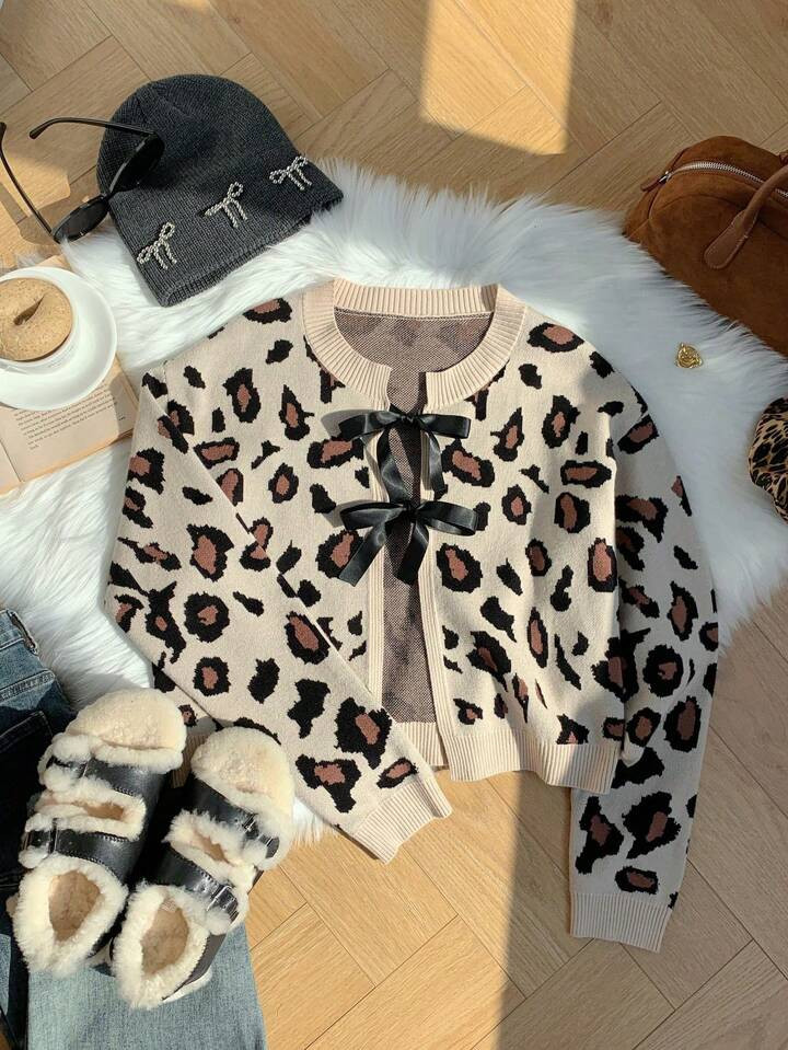 SHEIN EZwear Plus Size Women's Leopard Print Knit Cardigan With Bow Decor | SHEIN USA | SHEIN